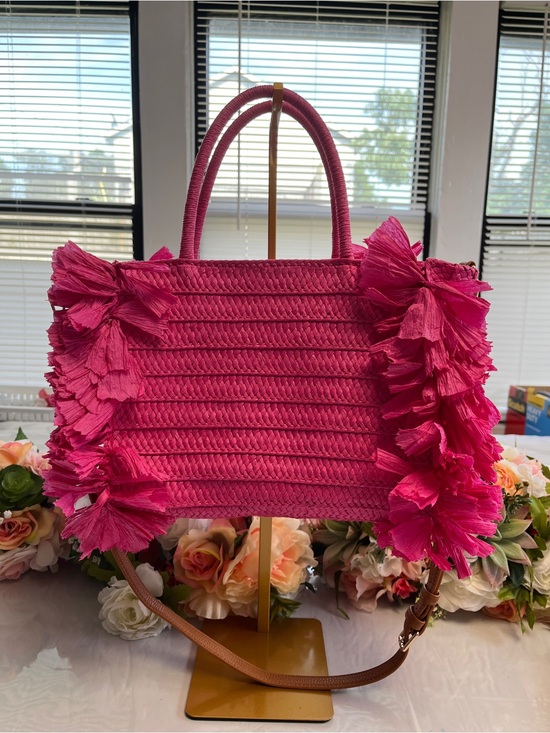 Shiraleah Handbags - Shiraleah Chicago Pink Raffia Fringe Straw Tote Crossbody Bag
